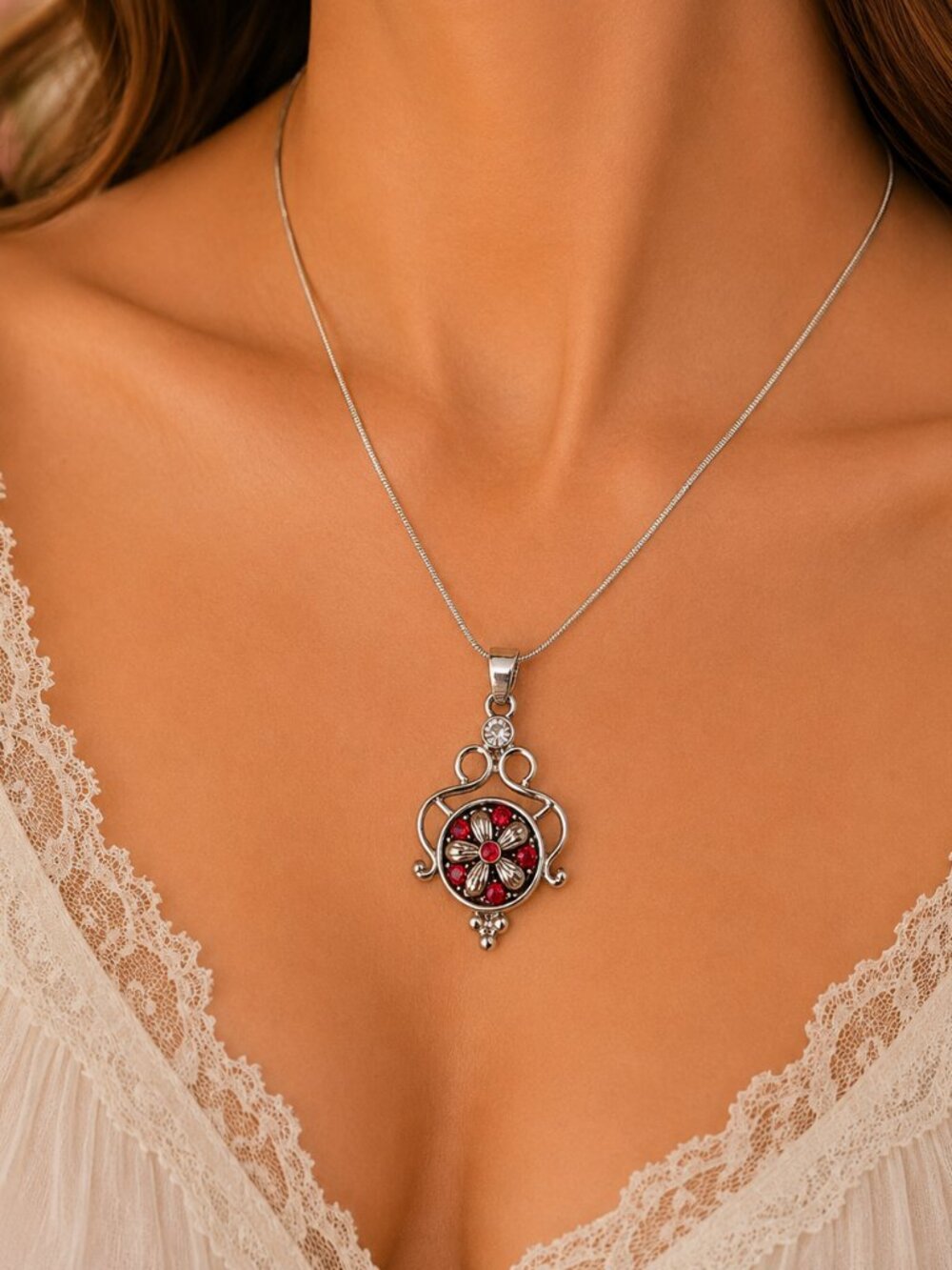 Mini Snap Silver Scroll Pendant Necklace Red Purple Rhinestone 925 Chain